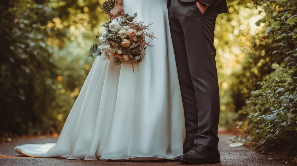 Couple stands close together in a lush garden