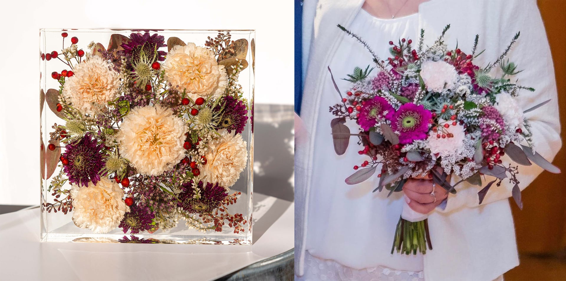 Close-up of preserved flowers in resin